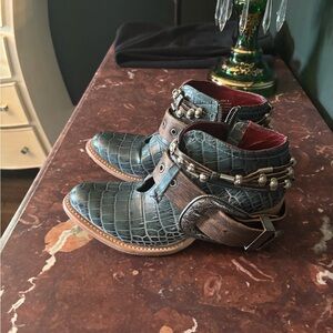 Crocodile Pattern Ankle Boots with Studded Straps